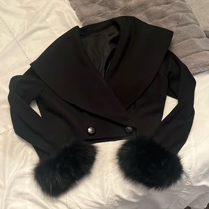 Vintage Cropped Black Jacket with Fur Cuffs